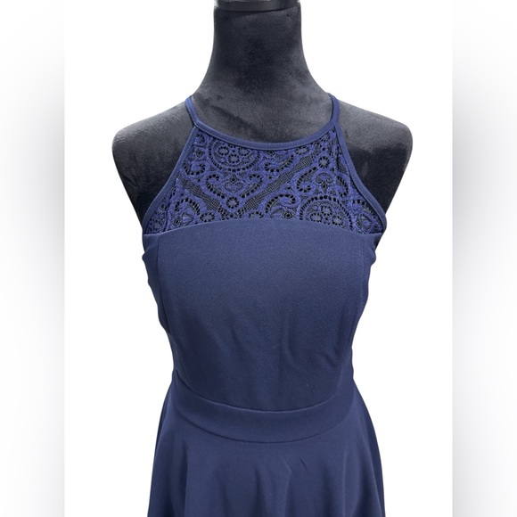 Emerald Sundae Navy Lace Halter Skater Dress L Layered Fit & Flare Cocktail - Picture 3 of 10